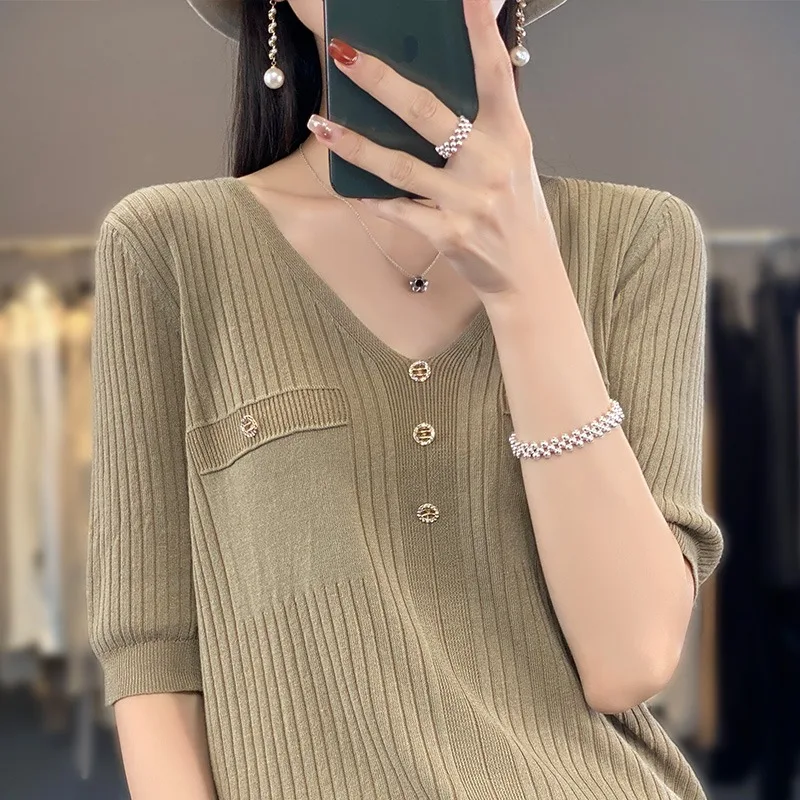 Verano fino hielo seda tejido ort Sve mujer V-ne Faion casual suelto adelgazante versátil aire acondicionado f Sve...