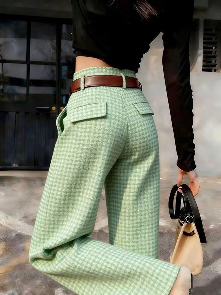 

Женские утепленные брюки с высокой талией, прямые, в ретро-клетку, широкие штанины, зимняя новинка, универсальные, стройнящие