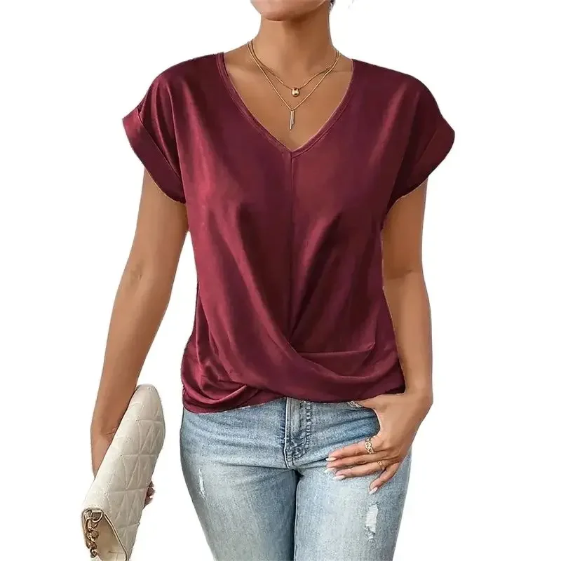 

Fashion Pleated Hem V Neck Pullover T-Shirt Women Daily Solid Color Casual Commuter Tops Summer Folded Short Sleeve Female Tees