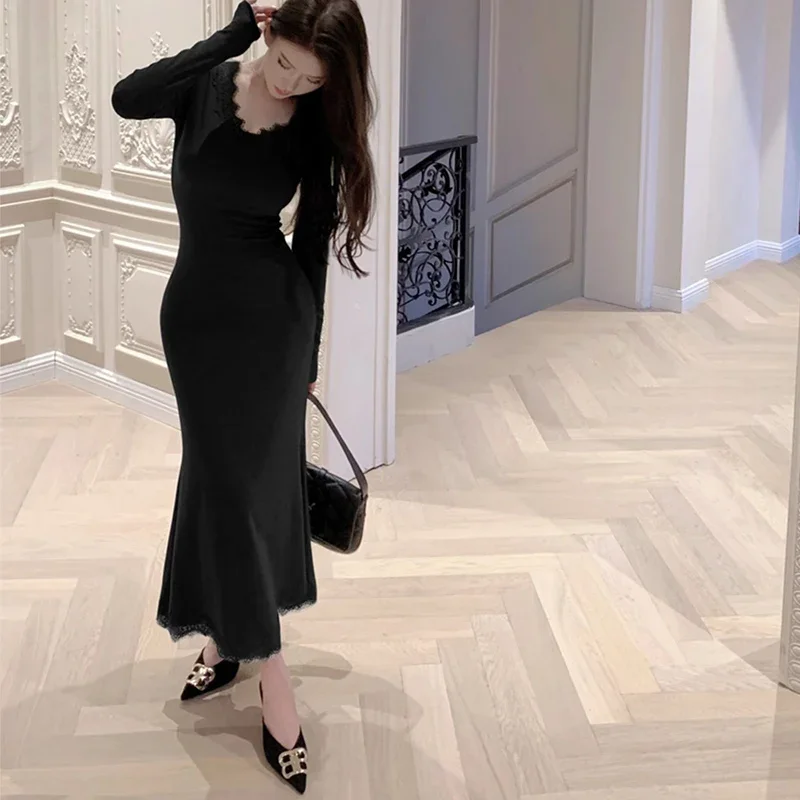 2025 New Spring Women Sexy Bodycon Wrap Long Dress Female Chic Lace V-neck Dress Lady Designer Party Slim Fit Knitted Dress