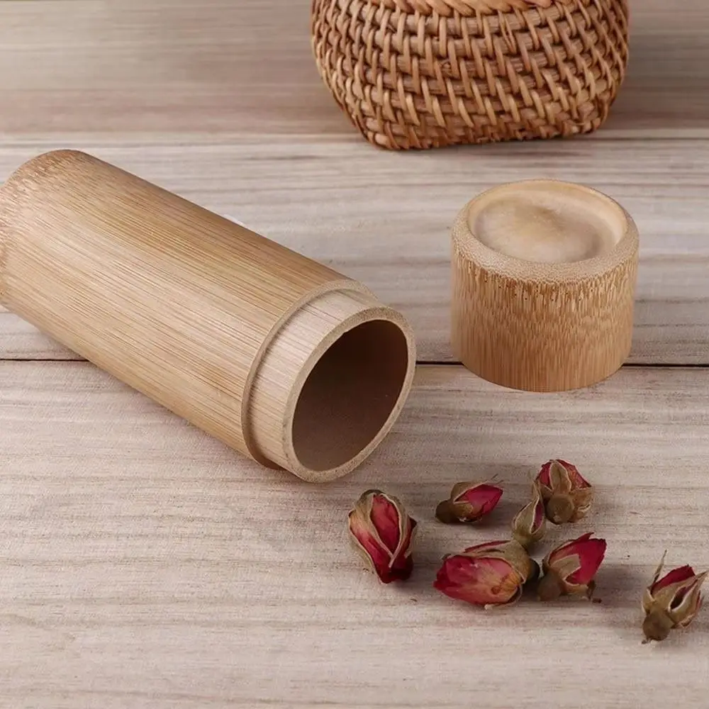 1Pcs Natural Bamboo Bamboo Tea Canister Round Design Primary Color Spice Container Jar With Lid Handmade Storage Holder