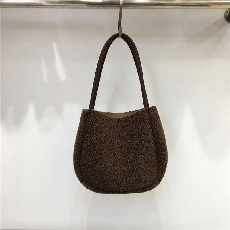 Fashion New Contrast Color Shoulder Bag Lamb Wool Splice Plush Bag Large Capacity Portable Handbag High-Grade Texture Tote Pack