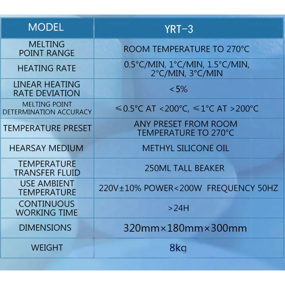 20-270 ° C YRT-3 testeur de Point de fusion laboratoire colorant parfum médicament Instrument de Point de fusion analyseur de pureté de teneur en médicament