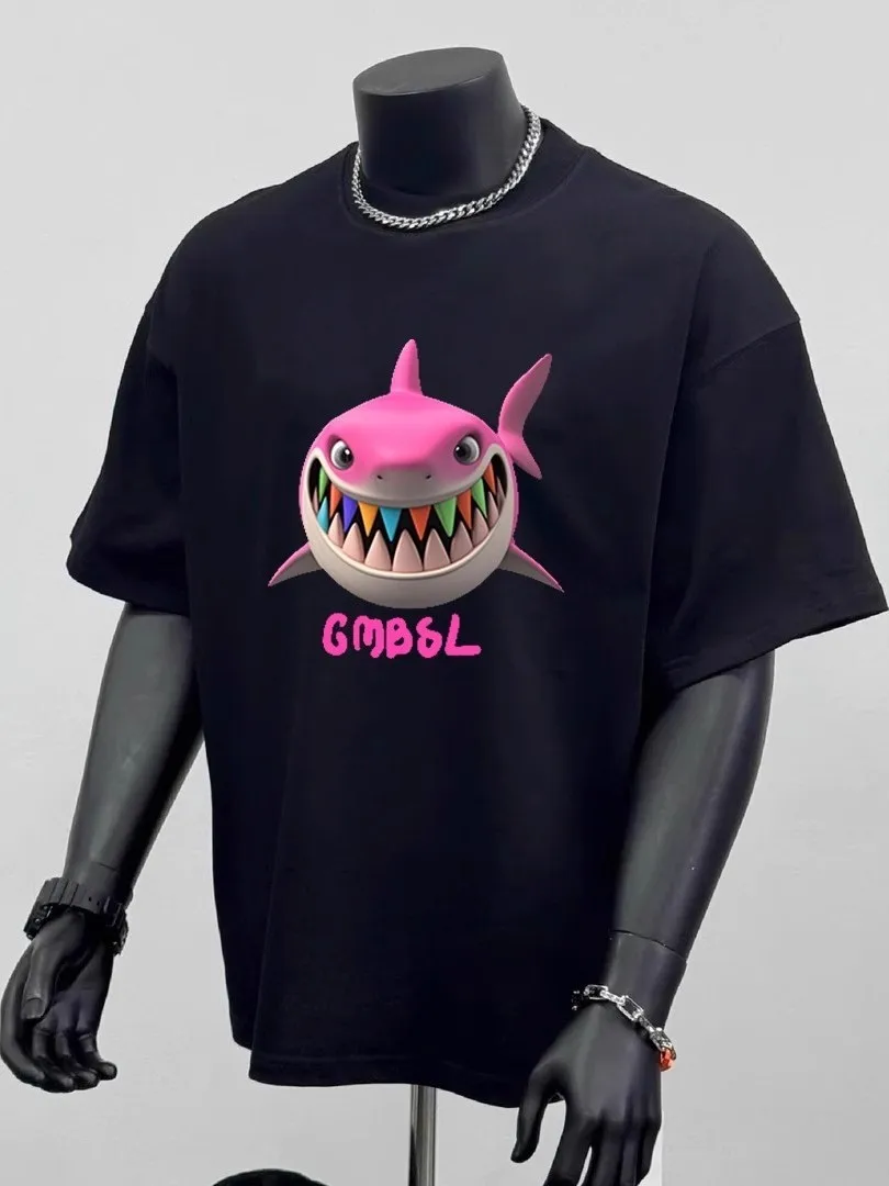 

Summer New Men's T-shirt: Shark Print Short-sleeved 100% Pure Cotton Round-neck Short-sleeved T-shirt for Men