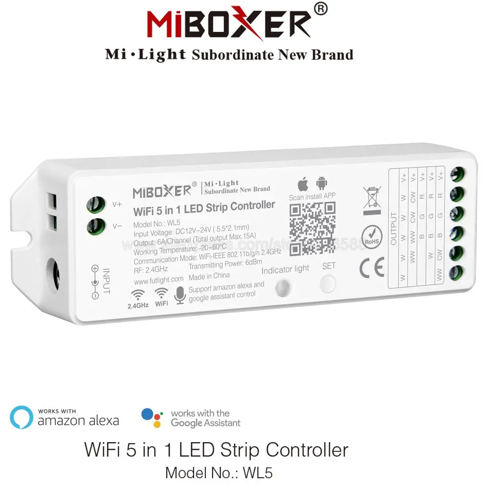 Miboxer WL5 2.4G 5 IN 1 WiFi LED Controller for Single Color CCT RGB RGBW RGB+CCT LED Strip APP/TUYA /Third Party Voice Control