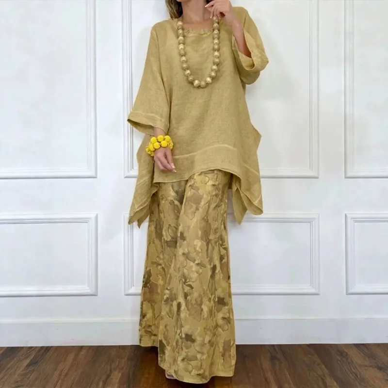 Boho Holiday Two Piece Outfits for Women Casual O-Neck 3/4 Sleeve Tops and Floral Print Wide Leg Pants Set New Loose Summer Suit view 4
