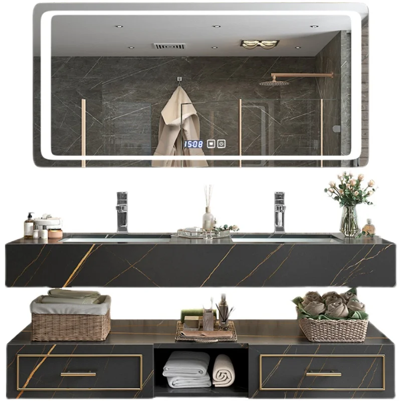 Light Luxury Stone Plate Integrated Double Basin Bathroom Cabinet Combination Modern Minimalist Sink Washbasin Cabinet Bathroom