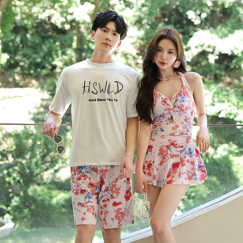 Women's One Piece Swimwear Dress Mens Shorts Couple Swimwear Flower Print Lover's Beach Wear Bathing Suit 2025