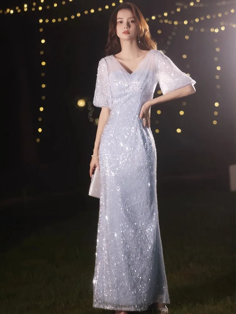 

Women's Birthday Banquet V-Neck Evening Dress Fairy Elegance Light Luxury Slim Dress Summer Female Sequins Evening Dresses