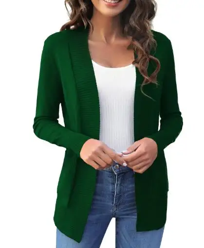 Jaket Rajutan Warna Solid Baru Musim Gugur dan Musim Dingin dengan Jaket Sweter Rajutan Terbuka Saku, Jaket Rajutan Longgar Kasual Wanita