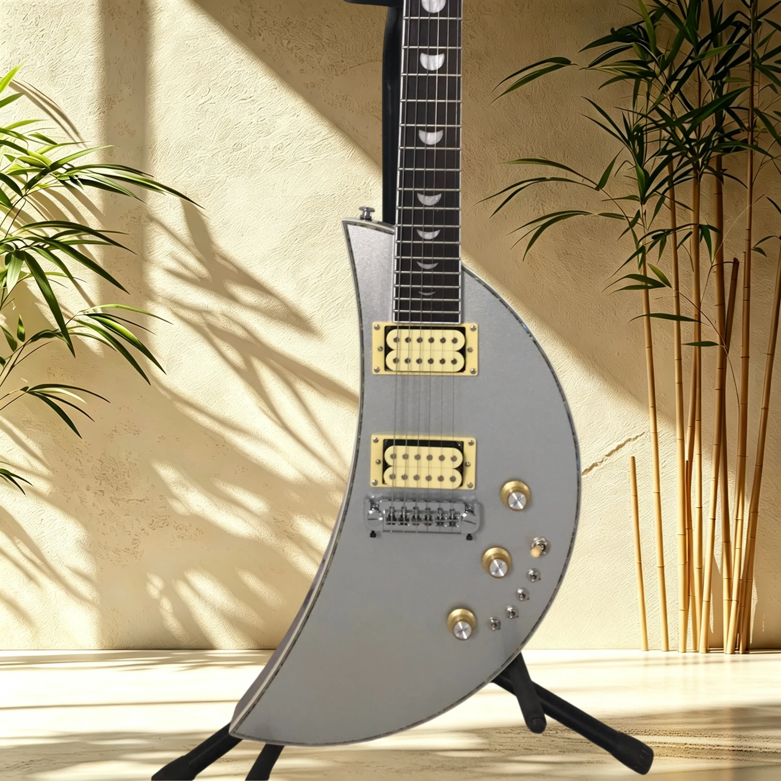 Crescent Moon Shape Silver Electric Guitar Mahogany Body Moon Shell Inlay Double Humbucker Fixed Bridge Heavy Metal Band