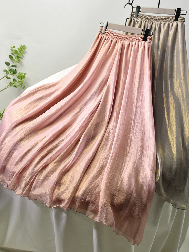 Women Elegant Solid Chiffon Pants Korean High Waist Two Layer Wide Leg Pant Long Boho Shiny Trousers Female C-078