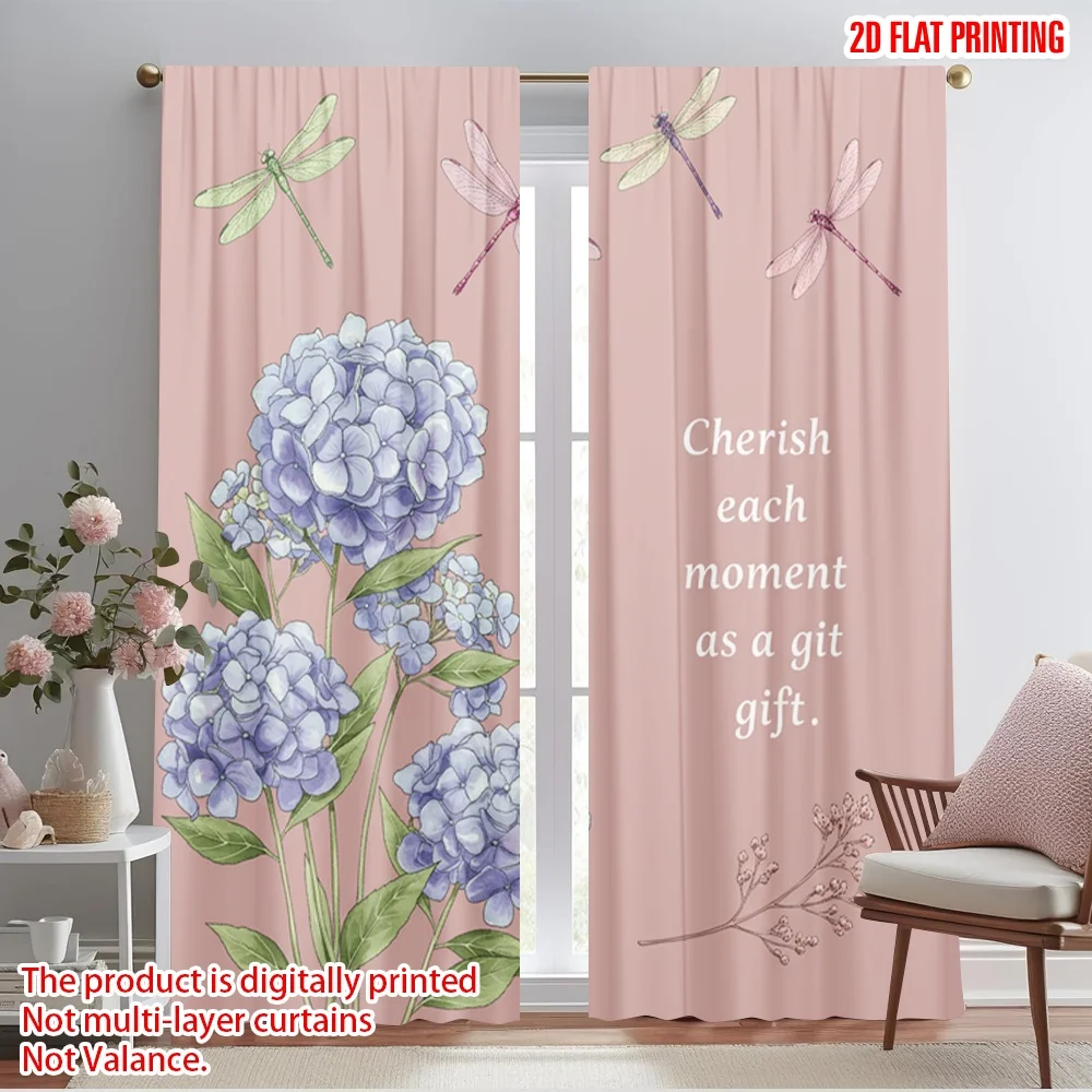 2pcs 2D flat printing Drapes Watercolor Dragonflies Blue Flowers Fabric Without Electricity Holiday Decorations Perfect for All