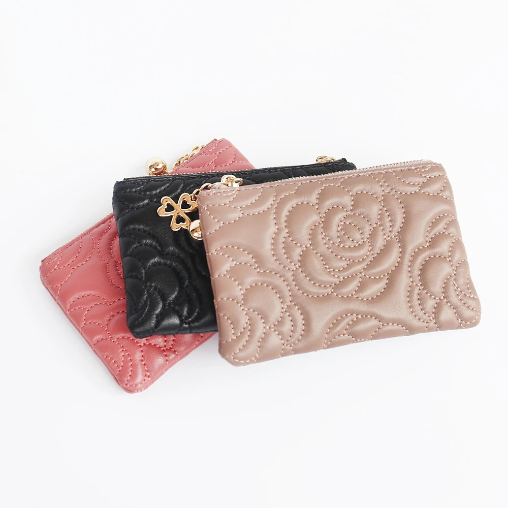 Genuine Leather Women Wallet Fashion Luxury Camellia Flower Key Chain Coin Purse Thread Quilting Rose Mini Zip Money Pouch Bag