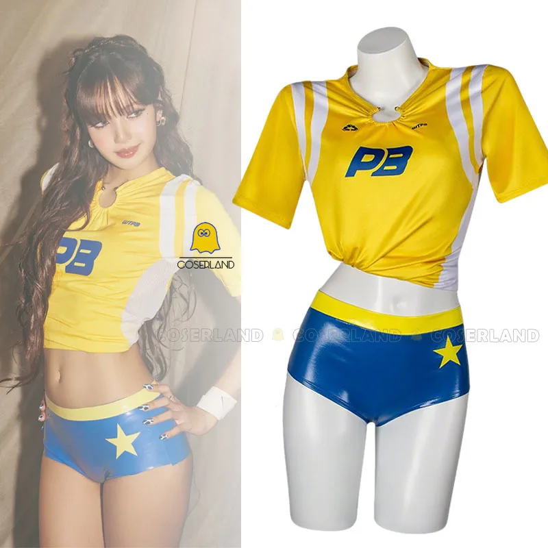 

Women's Sexy Football Cheerleader Cosplay Outfit Cropped Yellow Midriff-Baring Top with Blue Athletic Shorts Complete Costume Se