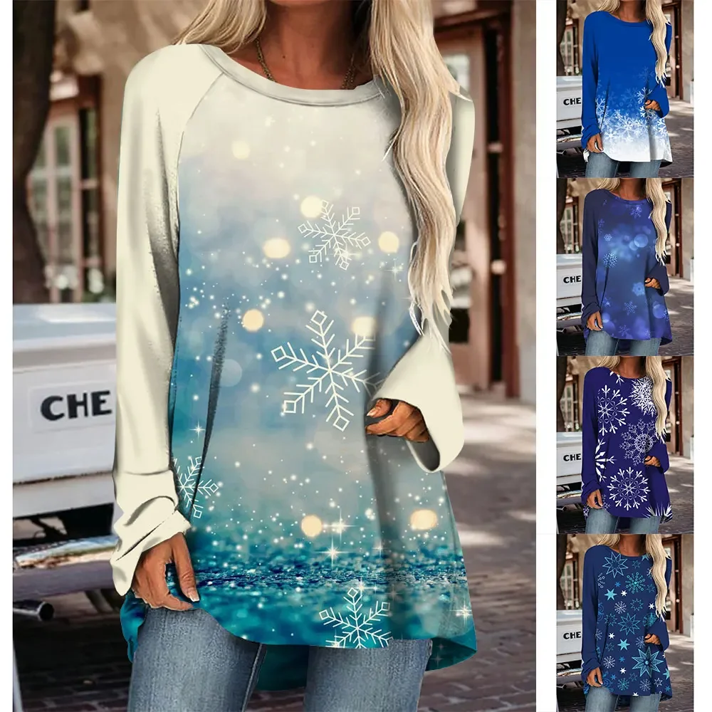 New Christmas Snowflake Round Neck Long Sleeve 3D Printed Imitation Cotton Elegant Top T-Shirt Spring Women\'s Bottoming Shirt