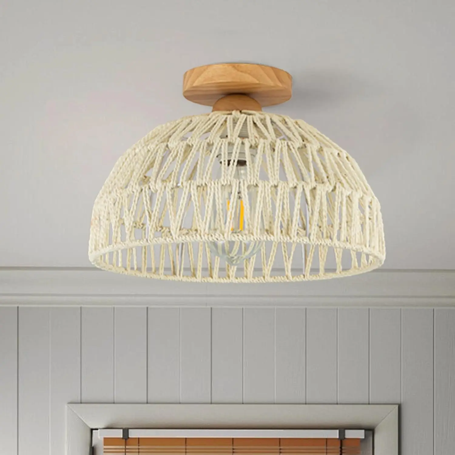 

23/30cm Rattan Ceiling Light Fixtures Boho Chandeliers Lights Cream White/Beige/Black semi Flush Mount Ceiling Lamps for hallway