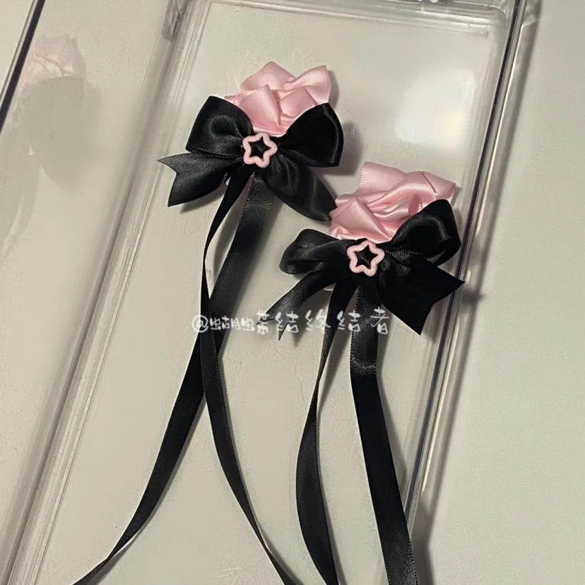 Lolita accessories black pink silk ribbon bow sweet cool star love cute girl hair clip Anime accessories