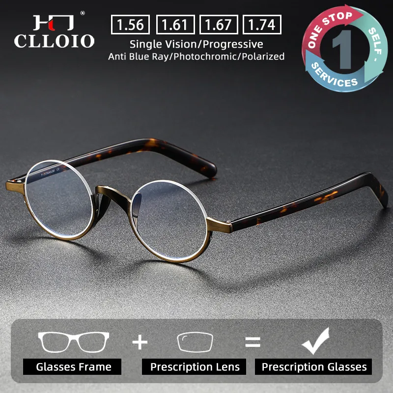 CLLOIO Trendy Durable Small Oval Prescription Glasses Anti Blue Light Titanium Frame Acetate Temple Progressive Myopia Eyewear