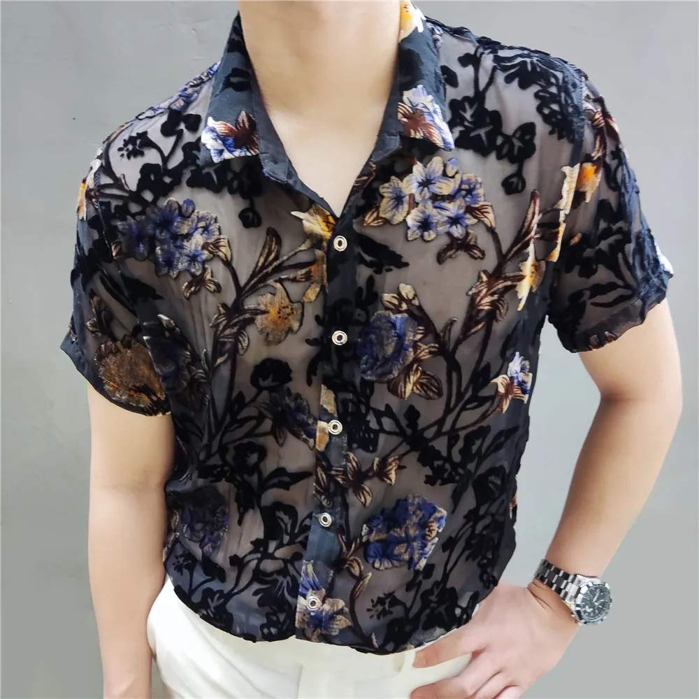 Summer Transparent Color Floral Shirt Masculine Soft Velvet Slim-fit Men Clothing Nightclub Short-sleeved Sexy Shirt See Through