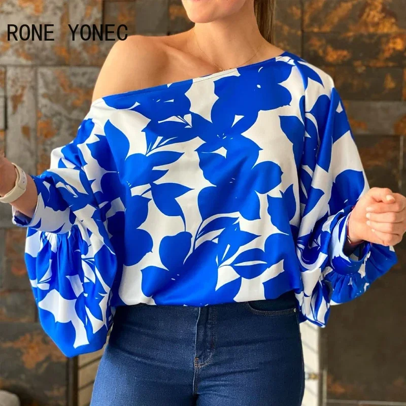 Women Casual Graphic One Cold  Shoulder Puff Sleeves Blouse