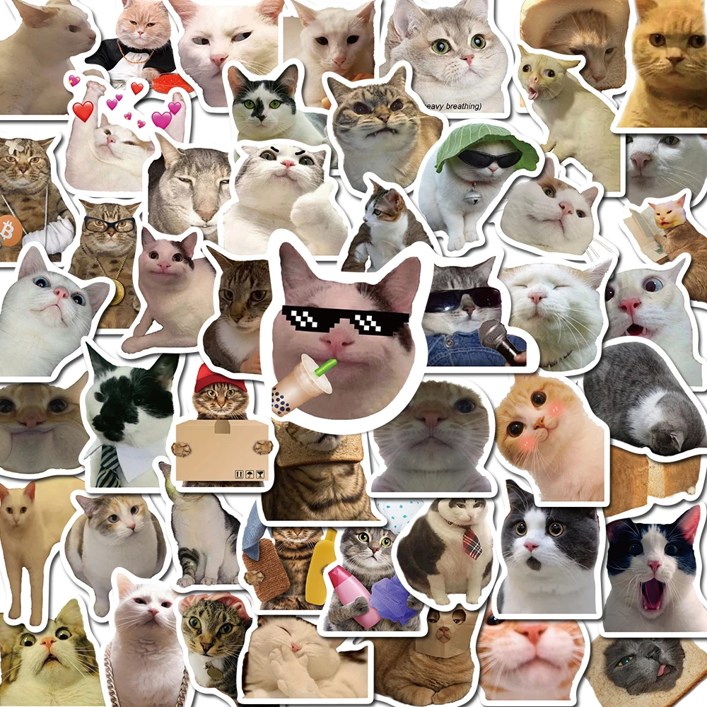 50PCS Cat MEME Funny Animals Stickers Vintage Toy DIY Kids Notebook Luggage Motorcycle Laptop Refrigerator Decals Graffiti