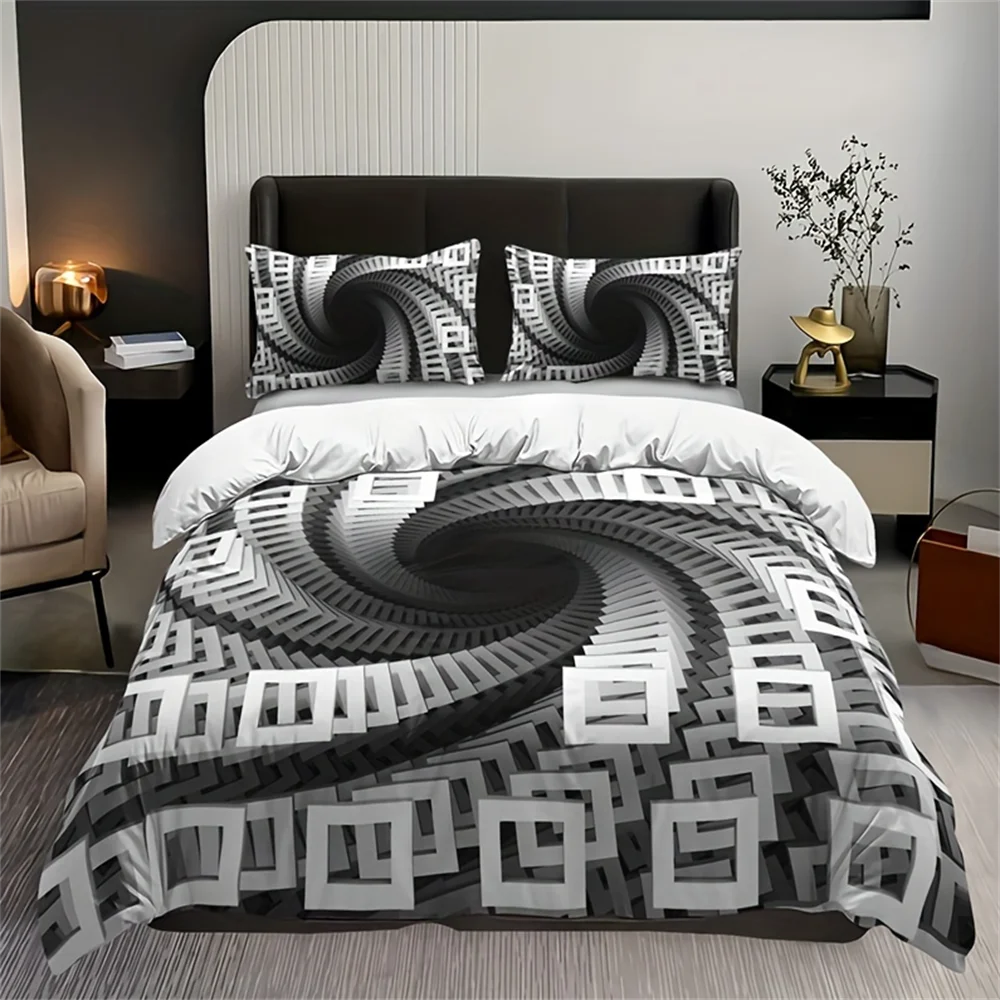 3pcs 3D Square Swirl Duvet Cover Set (1 Duvet Cover + 2 Pillowcase Without Pillow Insert), Soft And Breathable Printing Bedding