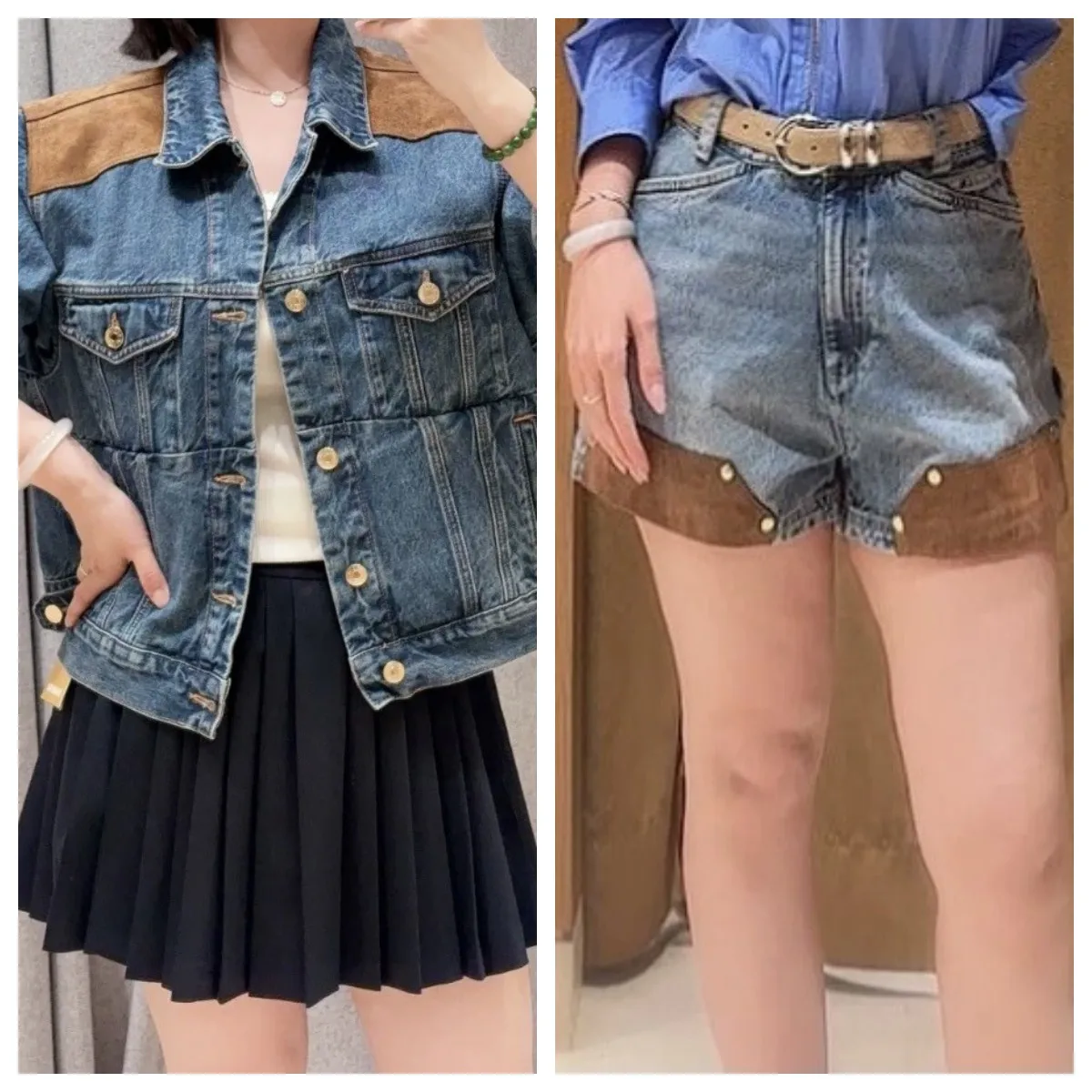 

2026 Spring/Summer New Women's Suede Patchwork Set Lapel Single Breasted Denim Jacket + Rivet Shorts ﻿