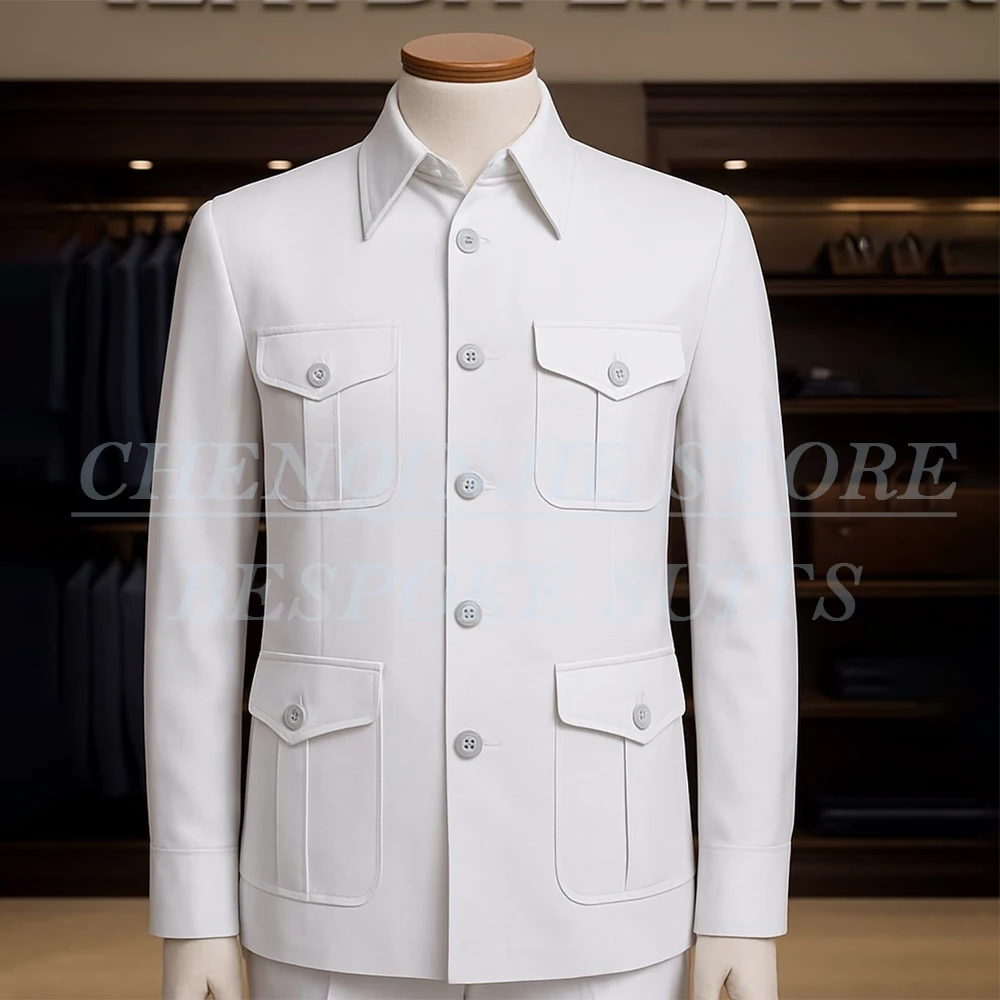 

Safari White Men's Suits Fashion 2 Piece Jacket Pants Full Sets Formal Single Breasted Stand Lapel Skinny Outfits Trousers Suit