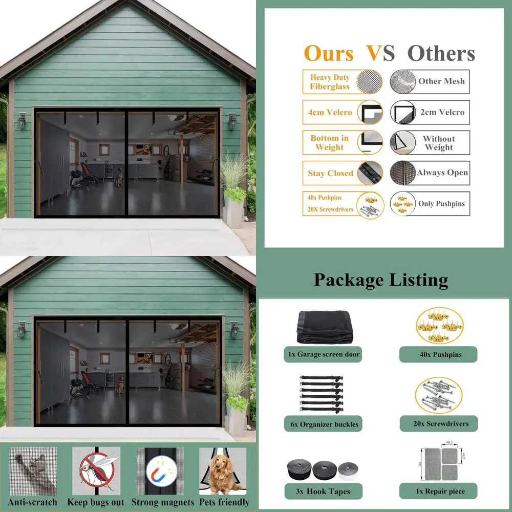 

1-Car Garage Retractable Fiberglass Magnetic Screen, 12x10ft, Weighted Bottom, Hands-Free for Carports, Patios, RVs (Black)