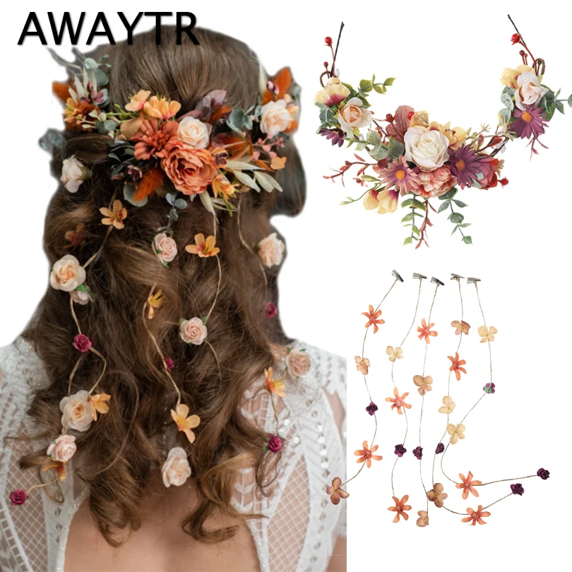 AWAYTR Women Flower Vine Hair Wreaths Hairpin Tassel Plant Head Garland Hair Crown Party Headband Simulated Wedding Accessories