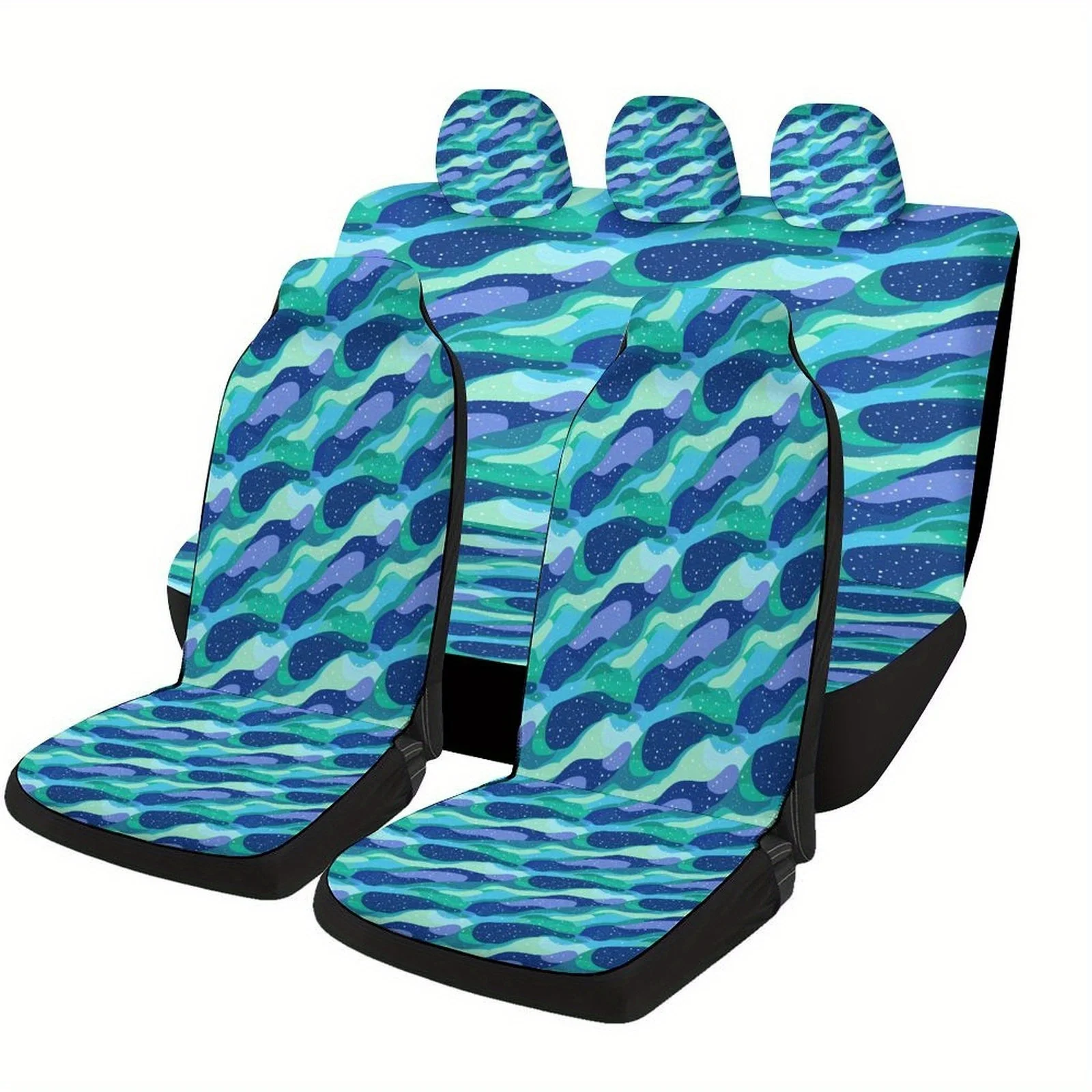 Set Of Car Seat Covers Featuring A Winter Theme With Northern Lights, Suitable For Most Vehicles. This Trendy And Unique Full Se