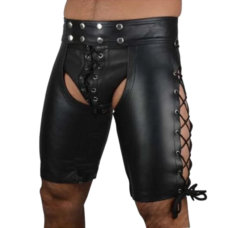 Mens Open Butt Faux Leather Boxer Shorts Nightclub Stage Skinny Fetish Shorts Men Sexy Gay PVC Leather Underwear Dance Clubwear