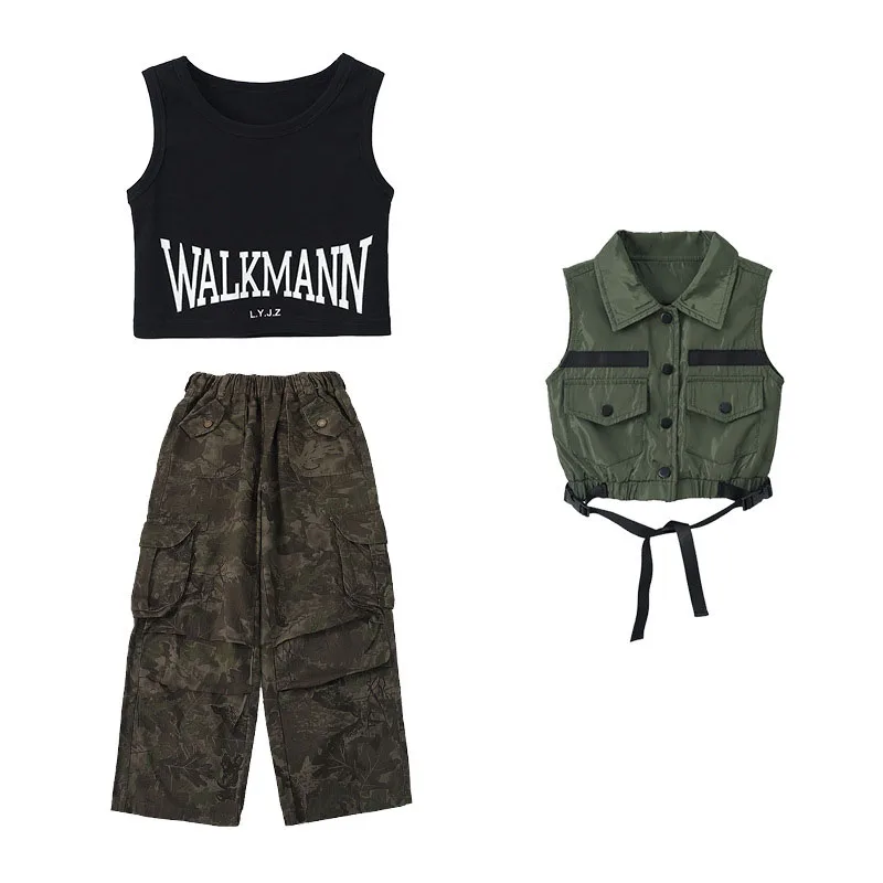 Kid Hip Hop Clothing Army Green Sleeveless Crop Jacket Tank Top Camo Casual Wide Cargo Pants for Girl Jazz Dance Costume Clothes view 6
