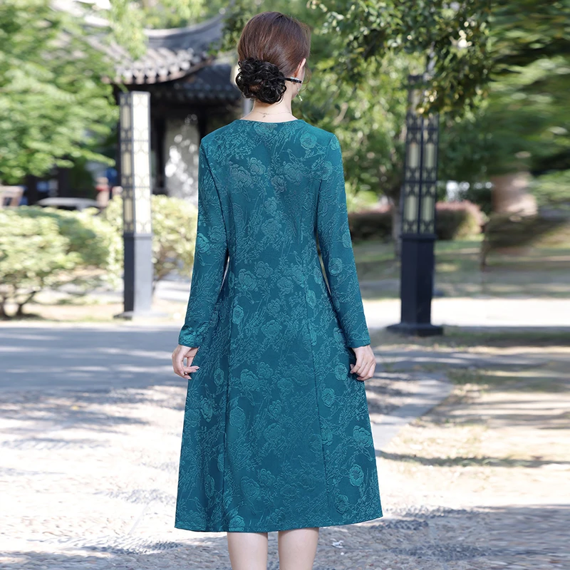 중년 노인 여성을위한 우아한 유행 가을 드레스 느슨한 핏 슬리밍 긴 소매 어머니의 플러스 사이즈