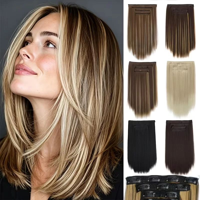 14Inch 4pcs Clip In Hair Extensions Synthetic Straight Short Hair Pieces For Women Clip‑on Hairpieces for Daily Party Wear