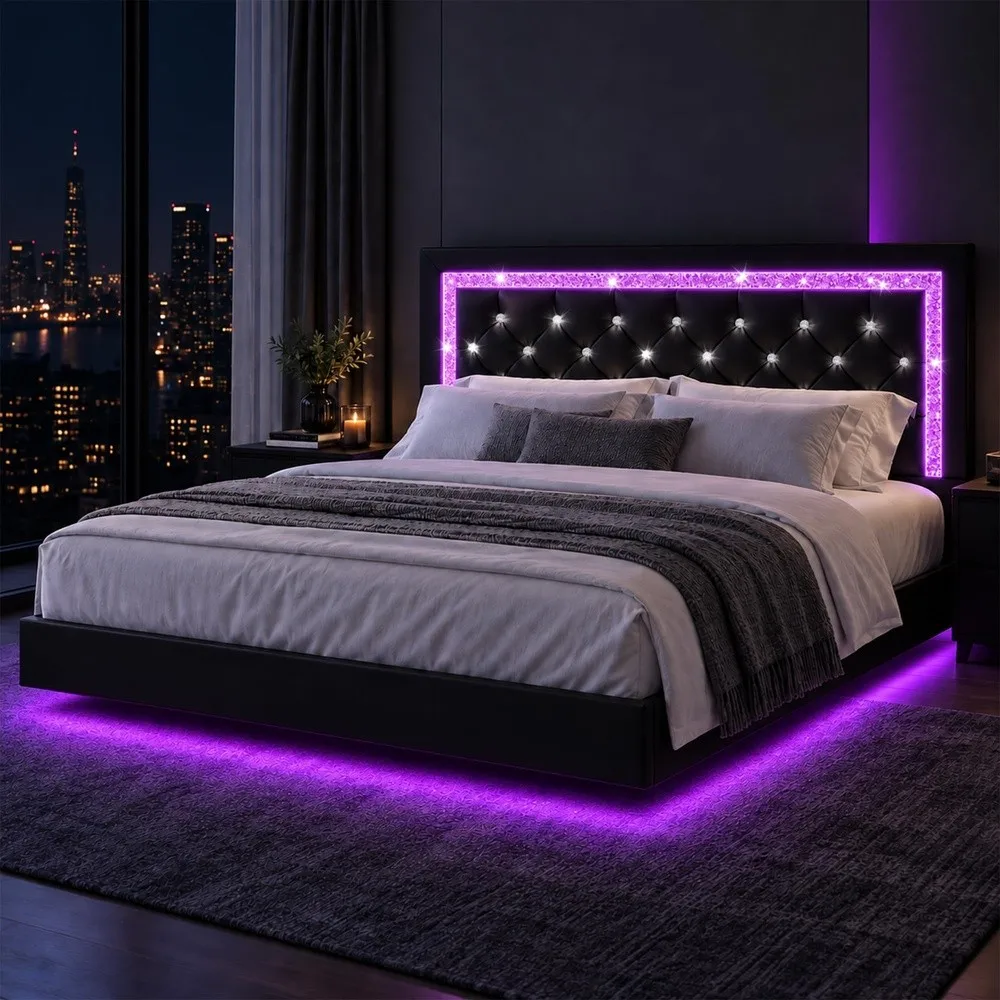 Floating Bed Frame Full with LED Lights and Diamond Headboard Balck