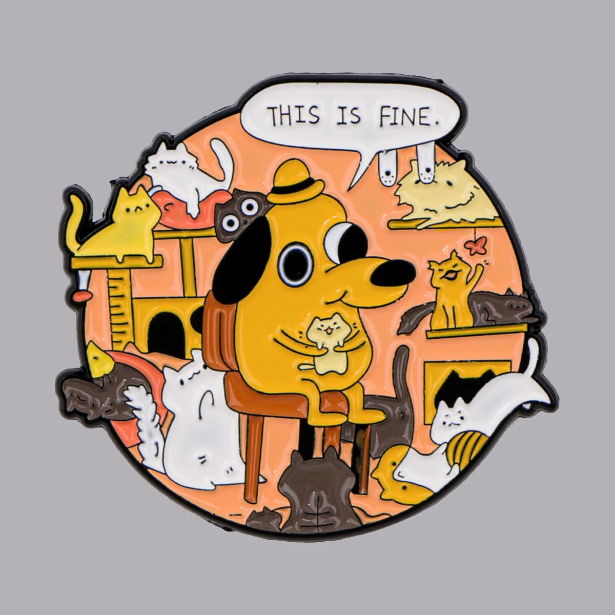 Funny Dog Enamel Pin THIS IS FINE Brooch Pines Cat Lapel Pins Badge on Backpack Clothes Accessories Animal Jewelry Friends Gifts