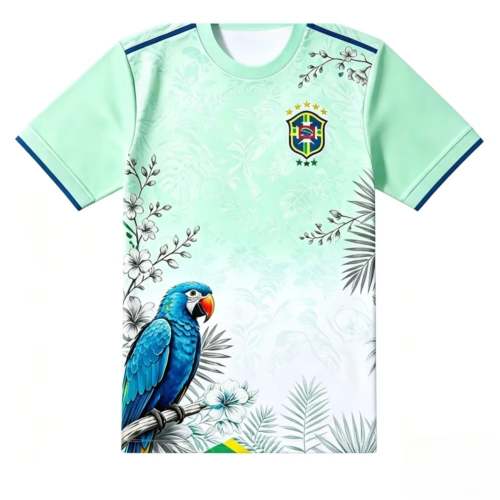 Brazil Blue Macaw Floral Soccer Jersey, Quick Dry Polyester Casual Breathable Fan Short Sleeve Shirt
