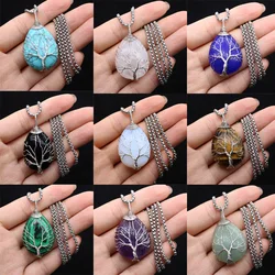 Charms Tree of Life Crystals Necklace Pendant Water Drop Natural Stone Necklaces Wire Wrap Rose Amethysts Quartz Tiger Eye Gift
