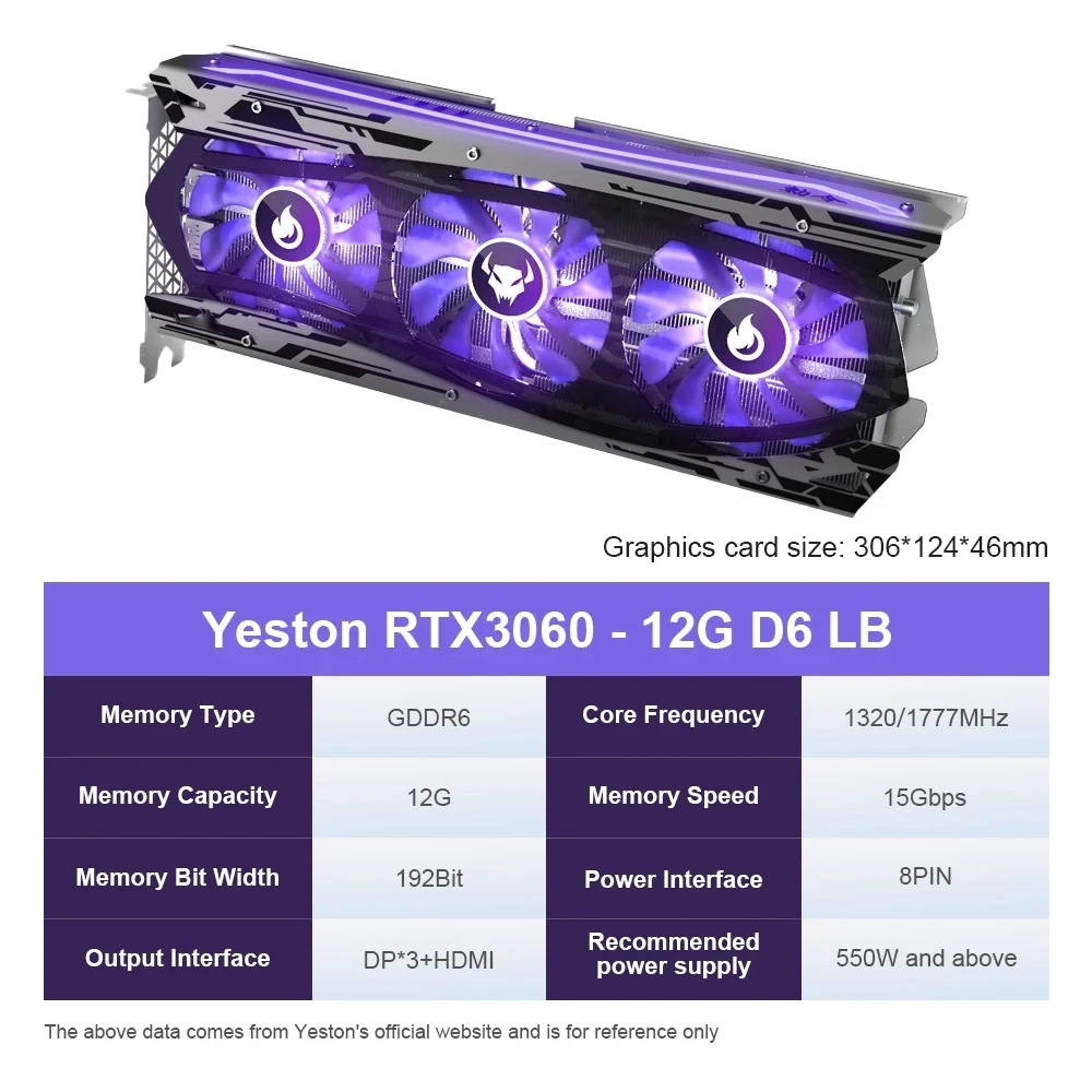 YESTON RTX3060-12GD6 LB GA Graphic Card GDDR6 NVIDIA rtx 3060 12G 192bit 8Pin Gaming GPU Video Cards RGB Computer Desktop GPU