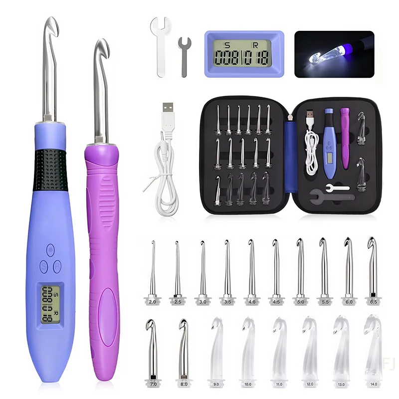 

[YU]Light Up Crochet Hook Set With Digital Stitch Counter, 18 Interchangeable Heads 2.0-14.0mm, Ergonomic Handle