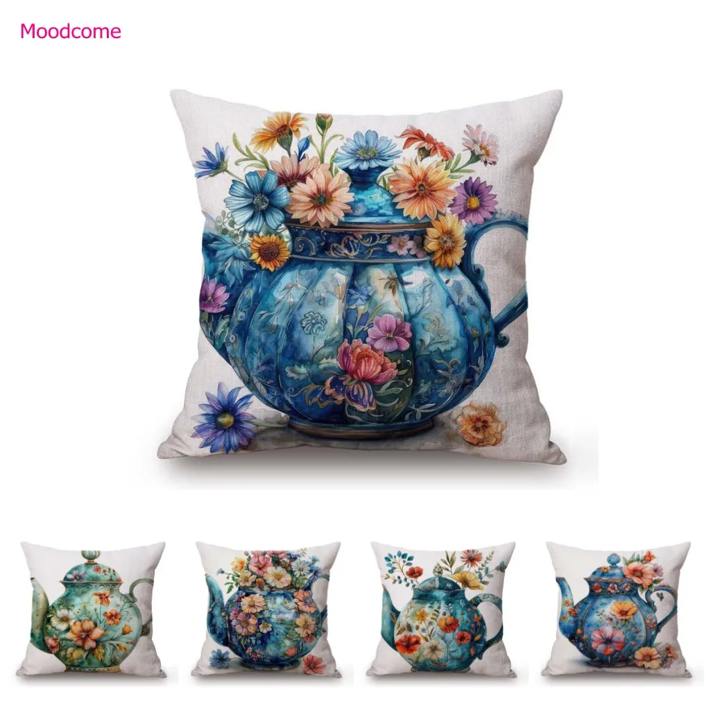 Nordic Watercolor Flower Blue Teapot Kettle Afternoon Tea Home Decoration Art Dinning Chair Pillow Case Linen Sofa Cushion Cover