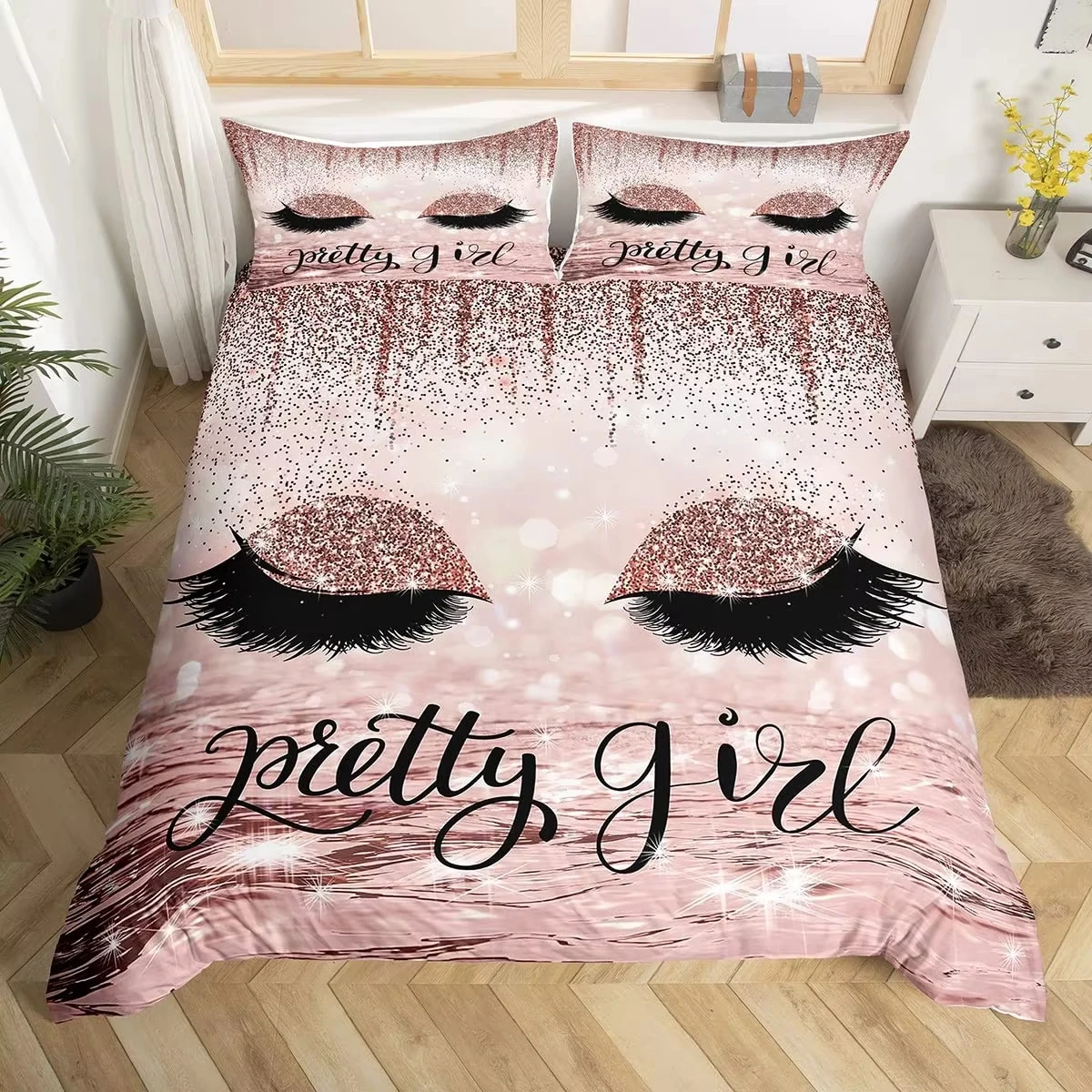 Girls Crown Eyelash Duvet Cover Twin Queen Size Gorgeous Glitter Diamond Princess Style Bedding Set Romantic Bowknot Quilt Cover