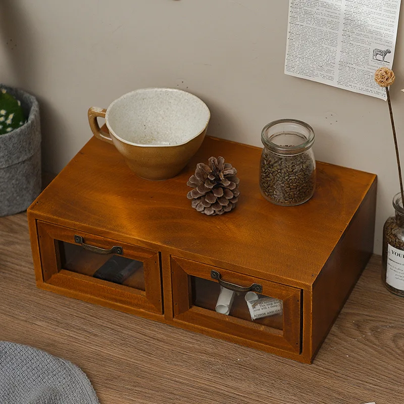 Chinese solid wood drawer type retro debris storage rack desktop storage box Cosmetics office desk storage rack