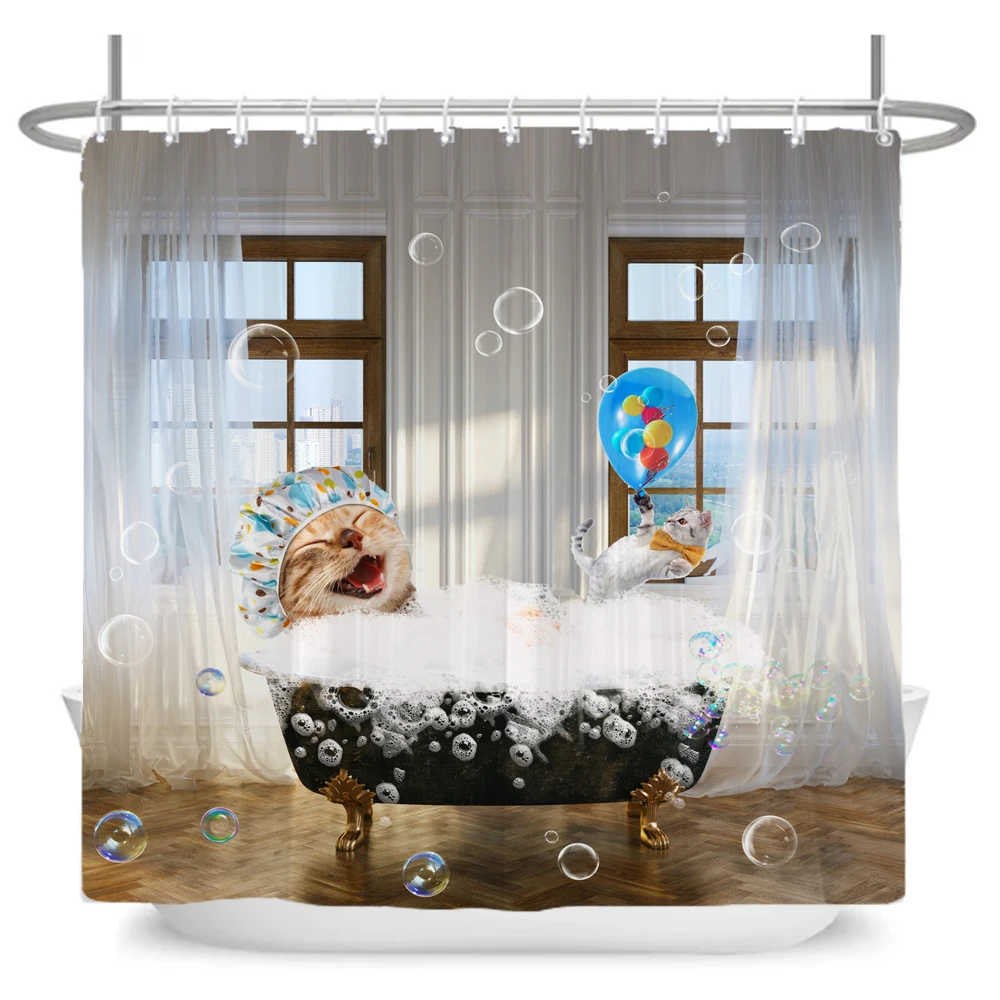 Funny Cute Cartoon Bathing Cat Dog Shower Curtains Bathroom Bathtub Decoration Waterproof Bath Curtain Home Decor with Hooks