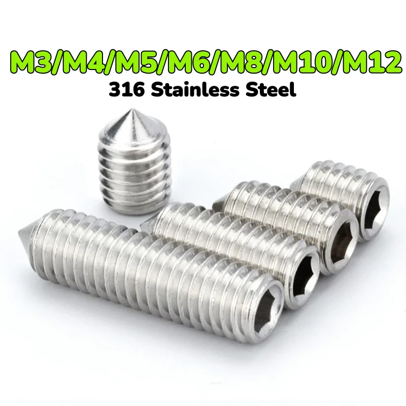 M3 M4 M5 M6 M8 M10 M12 316 Stainless Steel Hex Hexagon Socket Set Screw None Head Cone Point Grub Screws