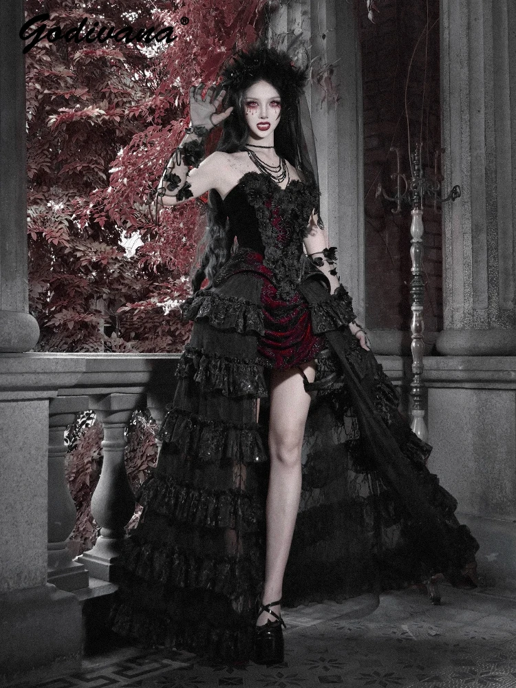 هالوين القوطية الدانتيل زهرة المطرزة المخملية مشد متعدد الطبقات قطار تنورة المرأة الرجعية تنورة الدعاوى تأثيري وتتسابق #2