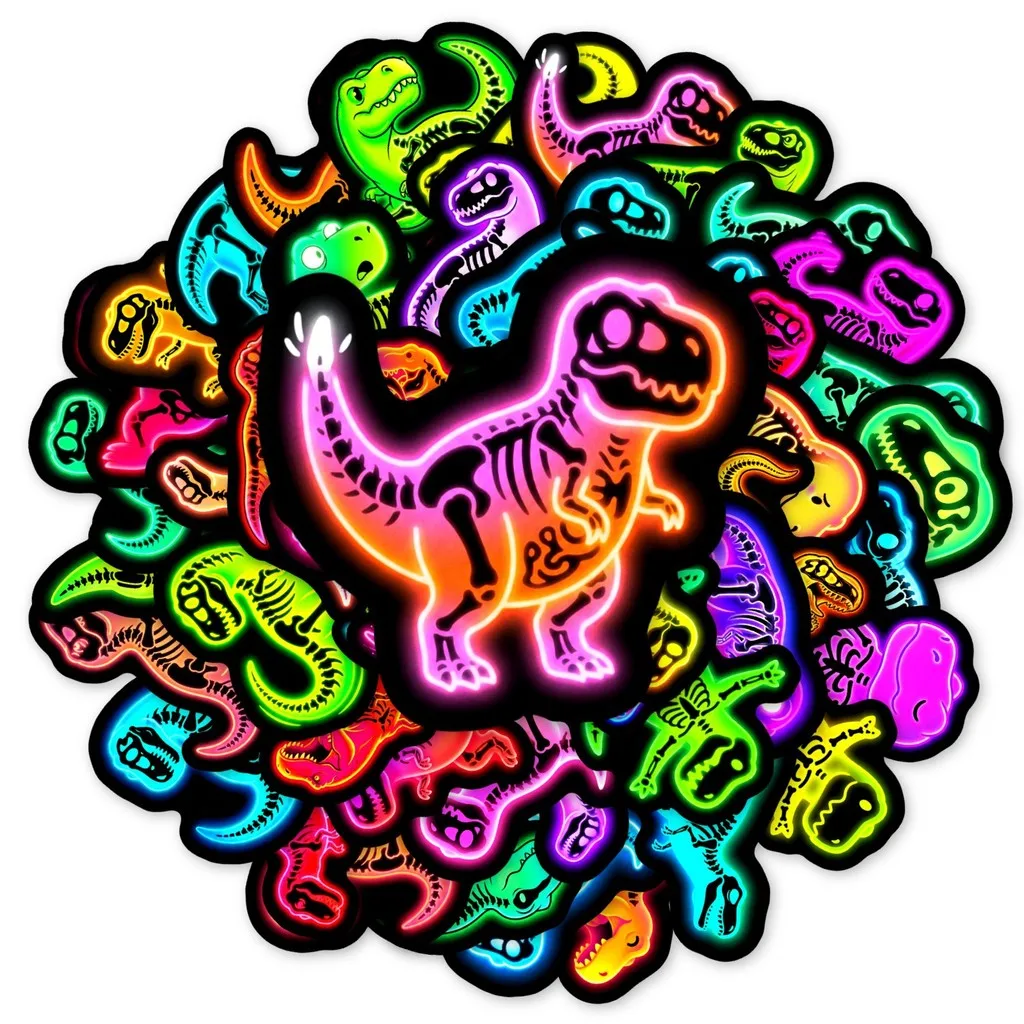 50 Sheets Neon Dinosaur Skeleton Waterproof Stickers Cartoon Jurassic Dino Decals for Journal Scrapbook Graffiti DIY Decor