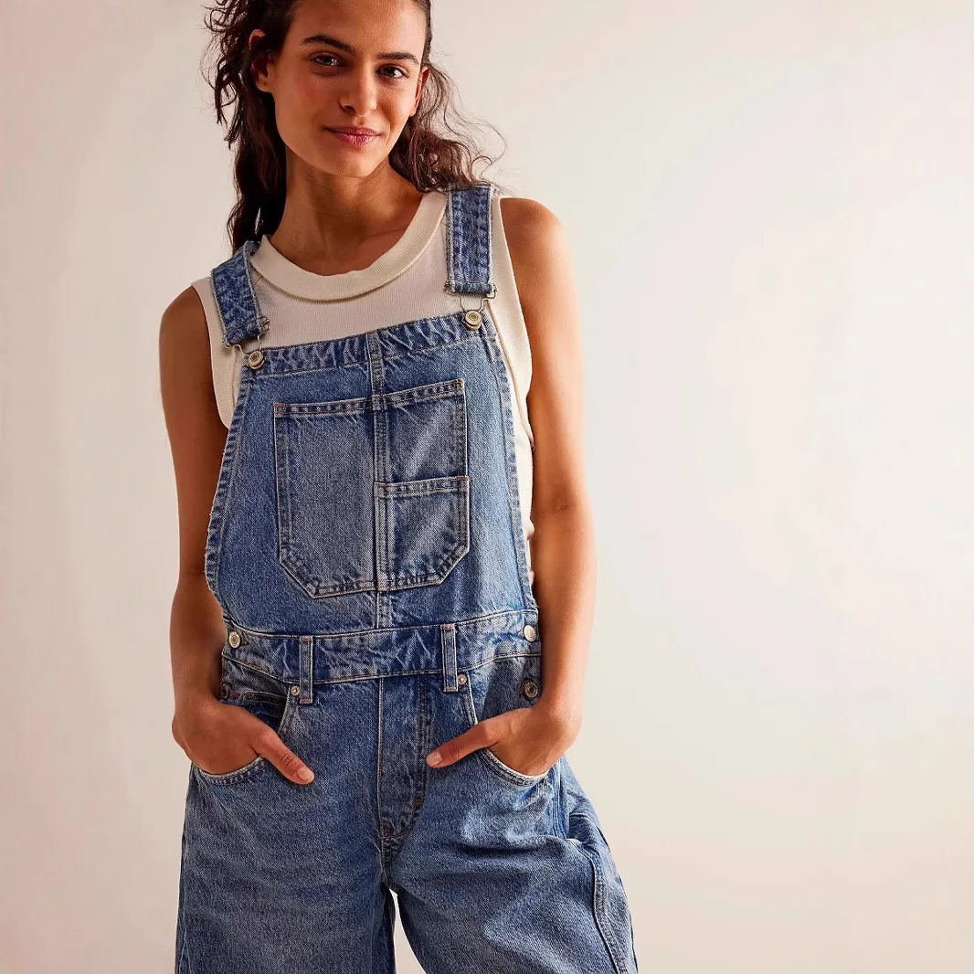 Women Sleeveless Casual Loose Denim Overalls Trousers Jumpsuit High Waist Pockets Ankle Length Pants